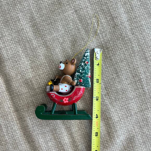 Vintage Hand Painted Teddy Bear on a Sled w/ Christmas Tree Ornament 4" - Picture 6 of 7